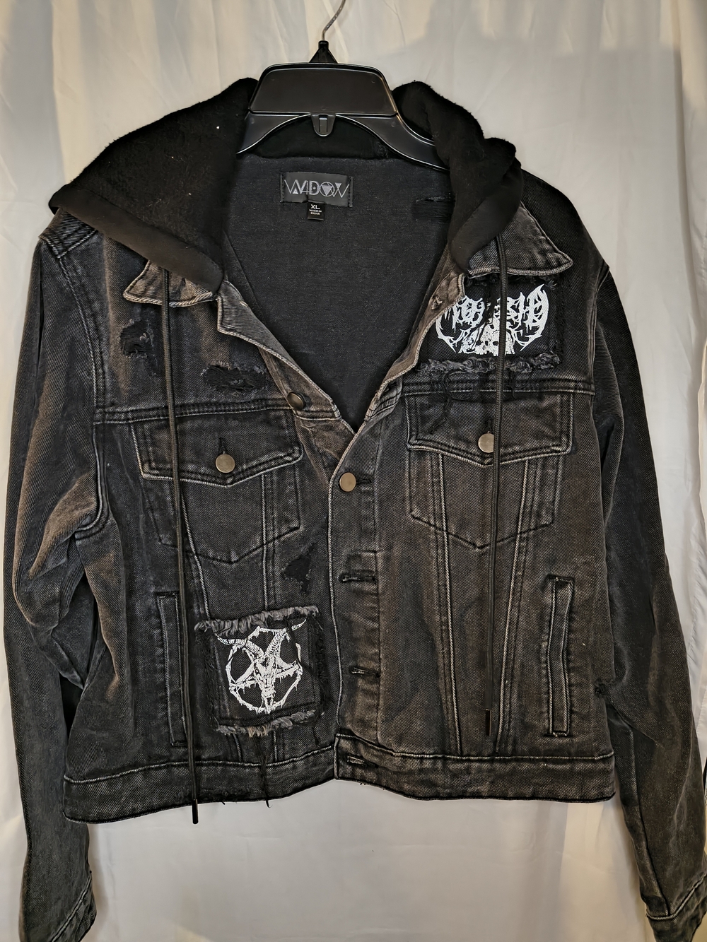 Widow Fatal Hour hooded denim jacket featuring distressed black denim and gothic